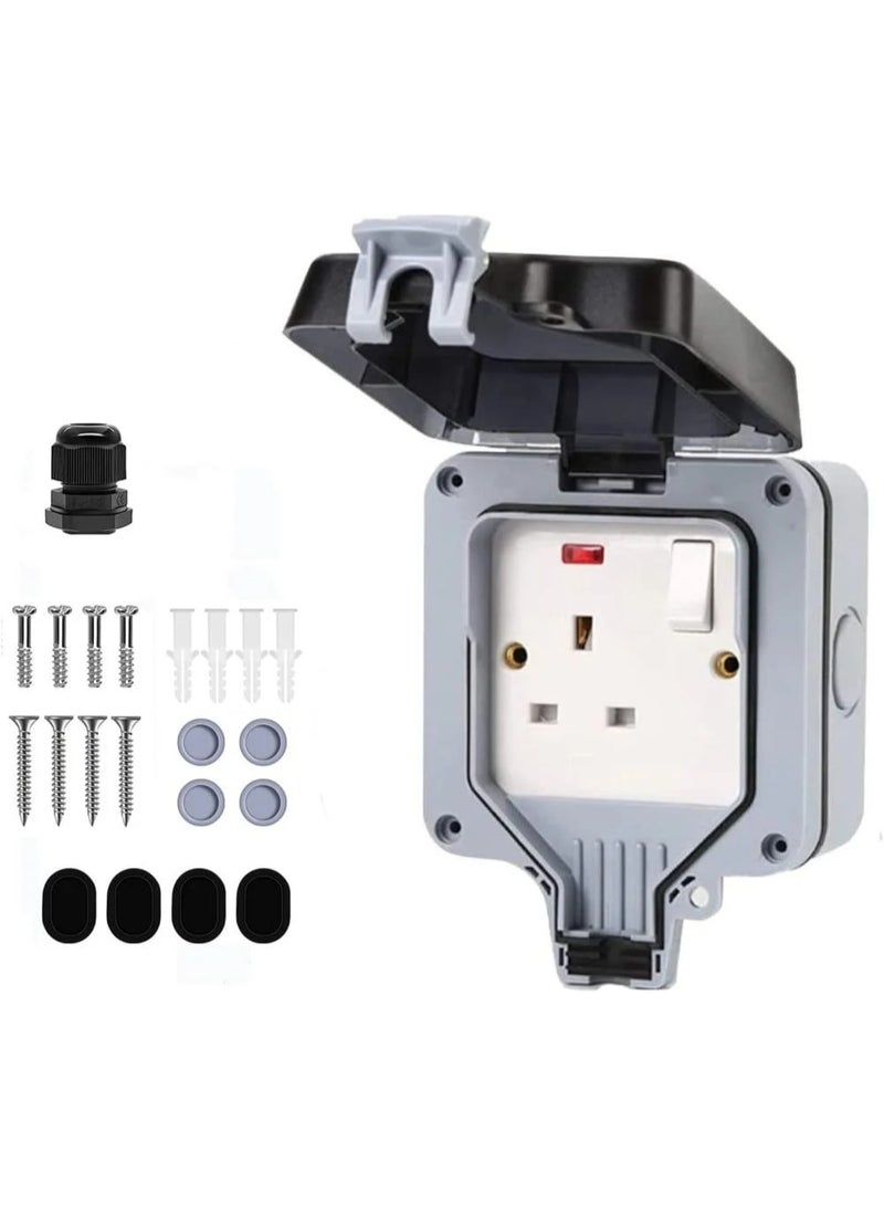 IP66 Waterproof Outdoor Socket with Switch & Indicator Light – 2-Gang Surface Mounted Garden Socket with Hinged Lid - Image 1